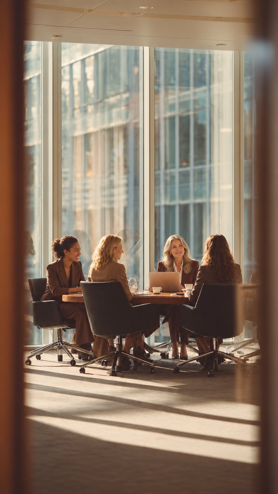 Four women in brown suits meeting around a table in a sunlit office