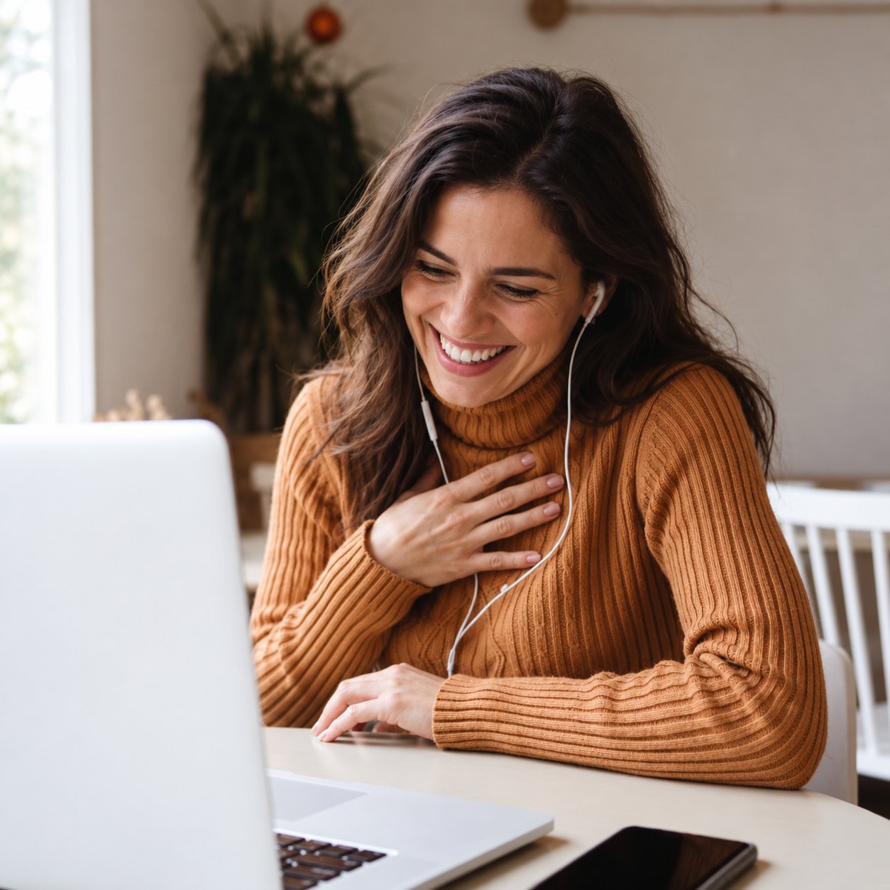 Woman in an orange jumper laughing during a video call at her laptop