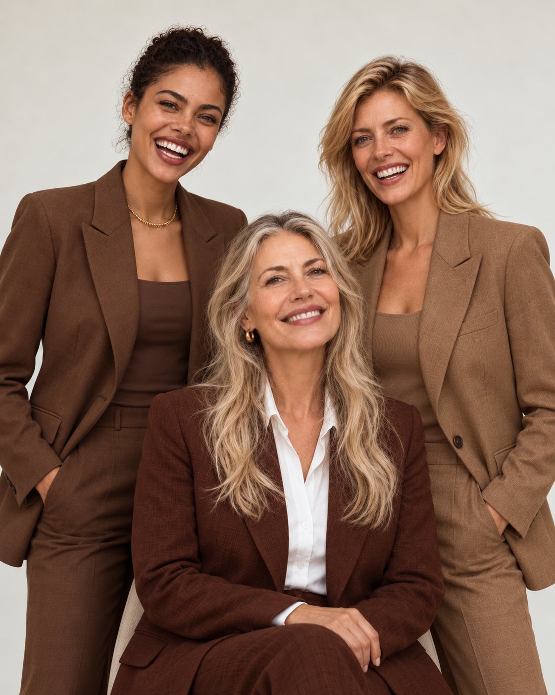 Three women of different generations in brown suits, smiling together