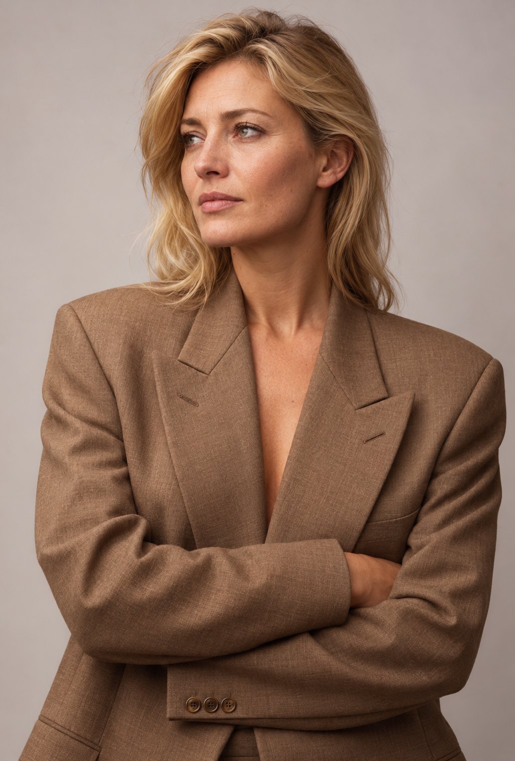 Woman in a brown blazer with arms folded, looking thoughtfully to the side